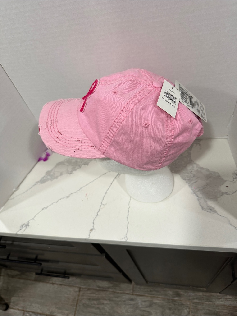 Pink Ribbon Distressed Baseball Cap - - Picture 3 of 8